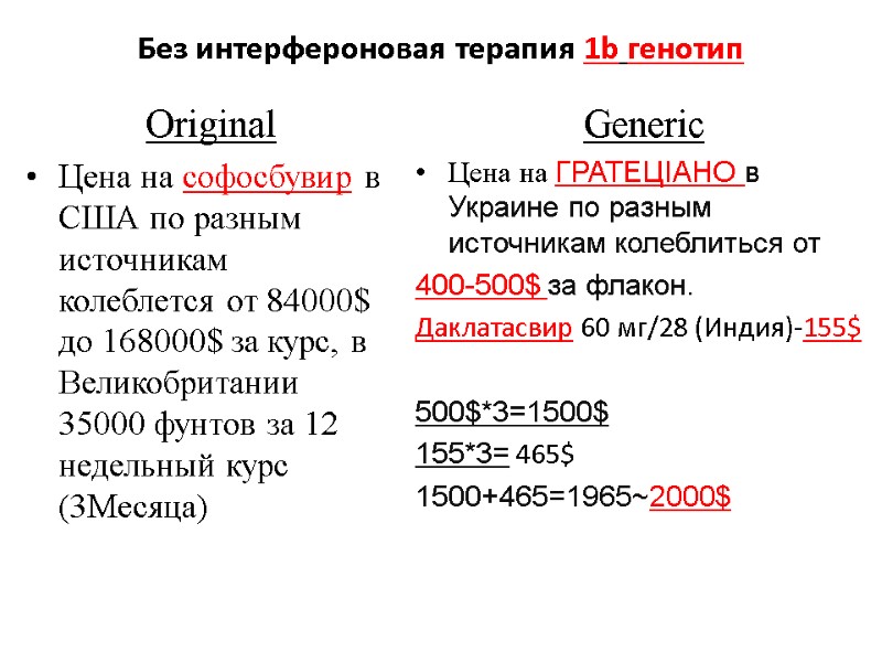 Без интерфероновая терапия 1b генотип Original Цена на софосбувир в США по разным источникам